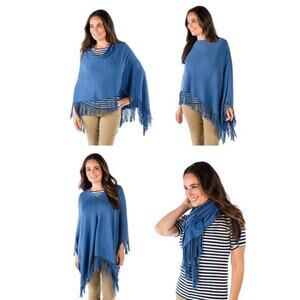 NWT Caroline Grace Cotton & Cashmere Fringe Topper Poncho Cerulean Womens OS